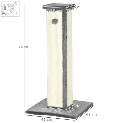 Tall cream-colored pawhut scratching post with dark gray stripe, soft plush base, and natural sisal rope wrapping on particle board