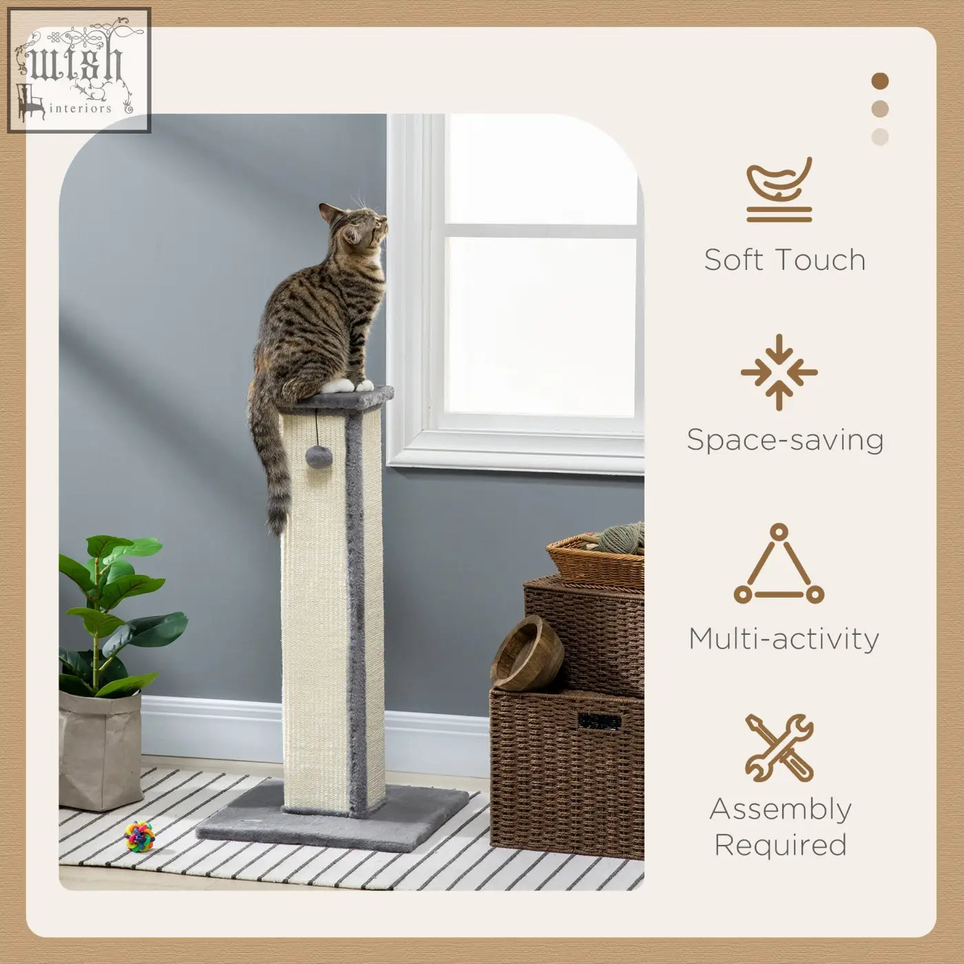Beige and gray pawhut cat scratching post with soft plush top surface and natural sisal rope on particle board base