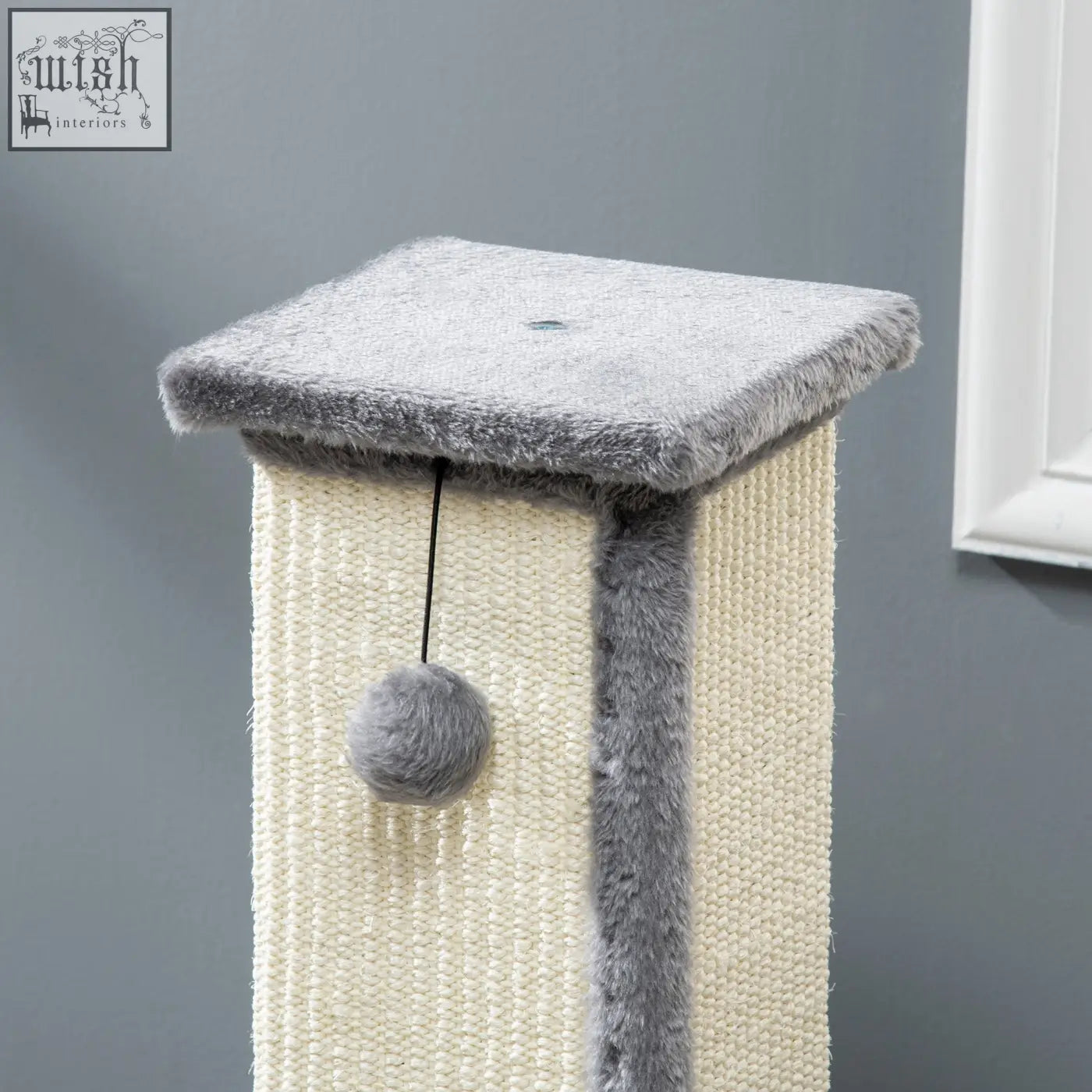 Pawhut gray and cream scratching post with soft plush top, particle board base, natural sisal rope, and fuzzy pom-pom toy