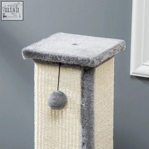 Pawhut gray and cream scratching post with soft plush top, particle board base, natural sisal rope, and fuzzy pom-pom toy