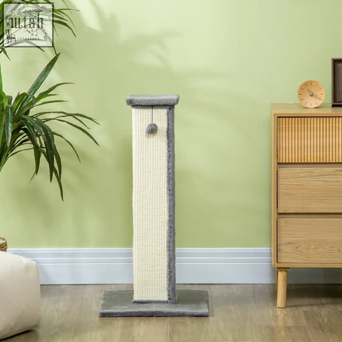 Gray and cream scratching post with soft plush top, natural sisal rope, and hanging ball on particle board base