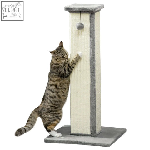 Gray and cream cat scratching post with soft plush top and base wrapped in natural sisal rope by PawHut