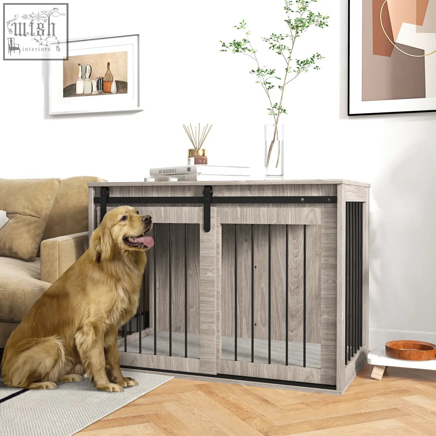 Gray wooden dog crate furniture with black metal sliding doors and vertical bars for large dogs by PawHut