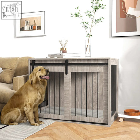 Gray wooden dog crate furniture with black metal sliding doors and vertical bars for large dogs by PawHut
