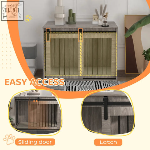 Pawhut brown dog crate furniture with gray wood grain sliding door and black metal hardware for large dogs