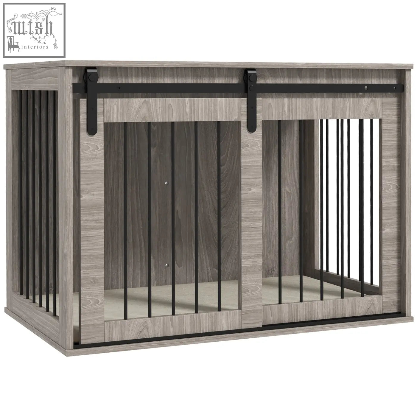 Gray wood paneled dog crate with black metal sliding barn door and vertical bars for crate furniture use