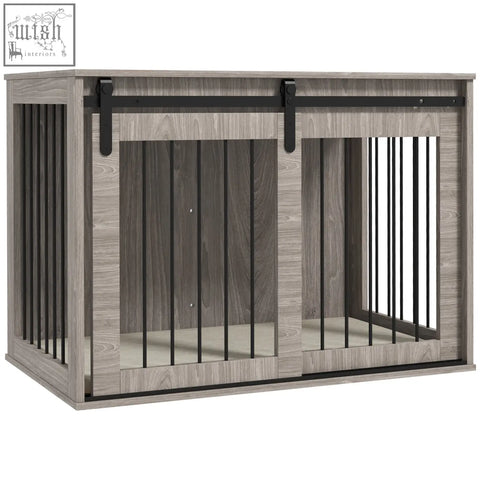Gray wood paneled dog crate with black metal sliding barn door and vertical bars for crate furniture use
