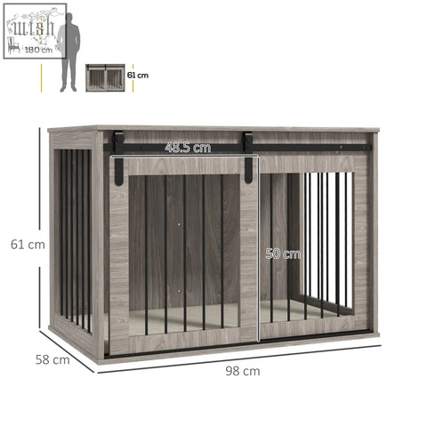 Gray wood-paneled dog crate furniture with black metal sliding door and vertical bars for large dogs by pawhut