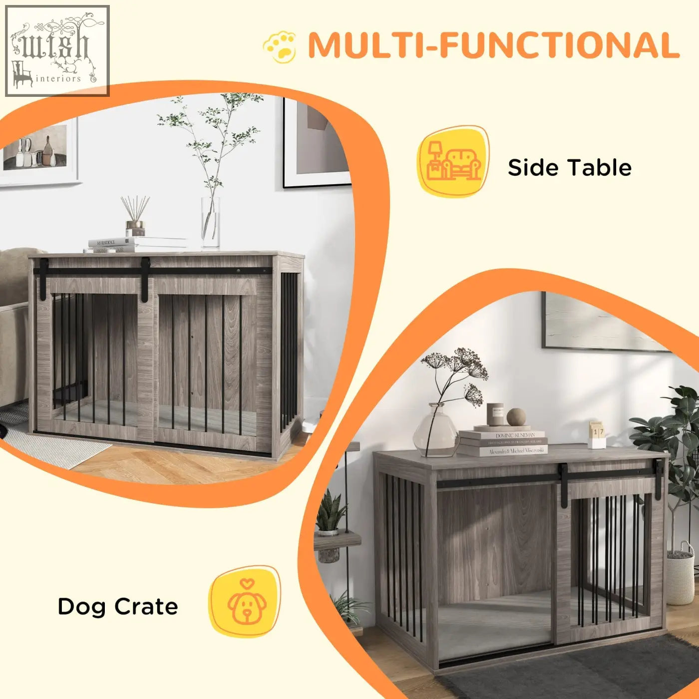 Gray wood-grain pawhut dog crate furniture with black metal sliding doors for large dogs and removable cushion