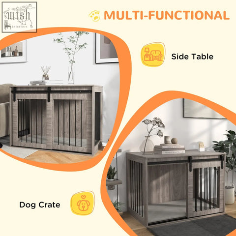 Gray wood-grain pawhut dog crate furniture with black metal sliding doors for large dogs and removable cushion