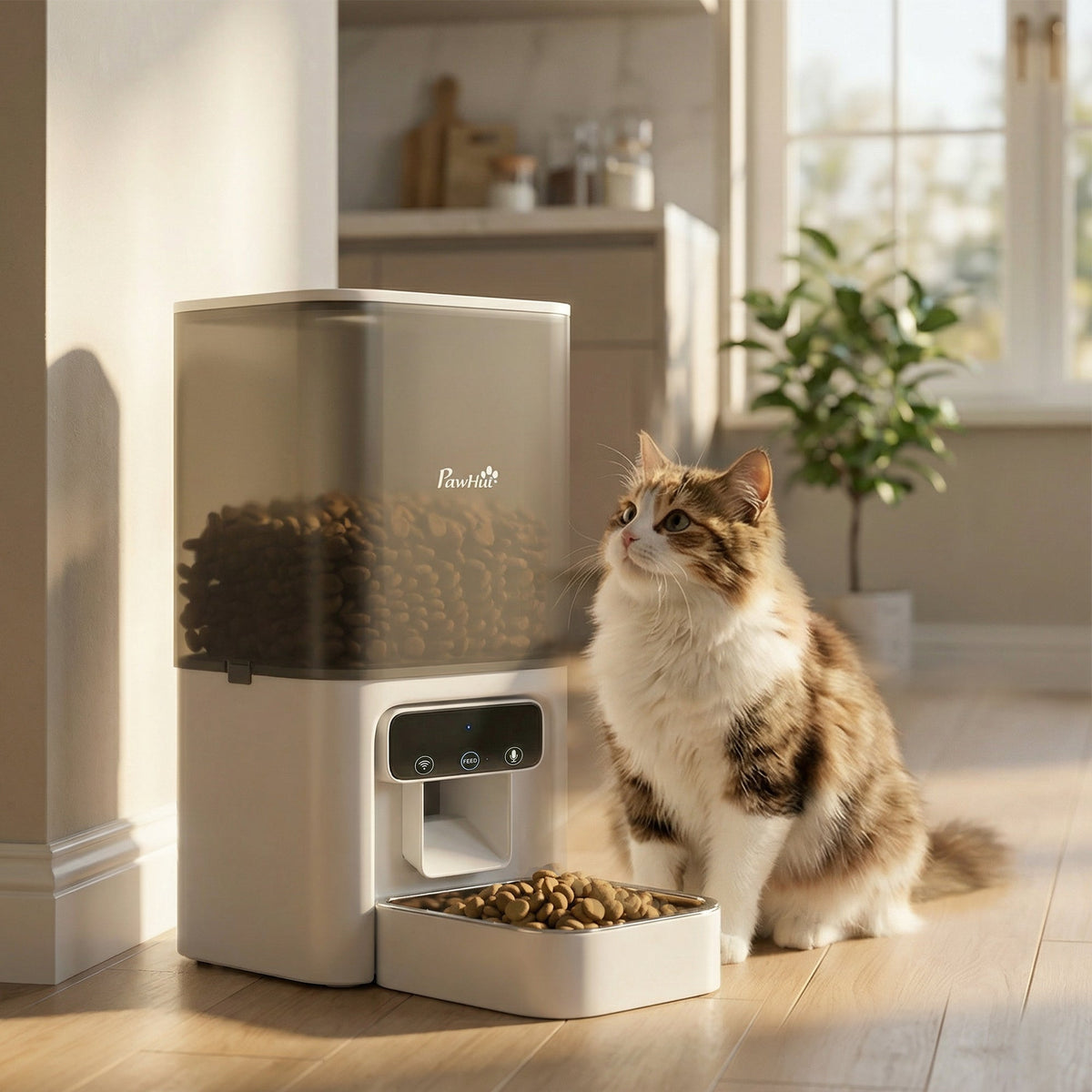 Pawhut automatic cat feeder with transparent upper compartment white base and digital control panel for timed meals