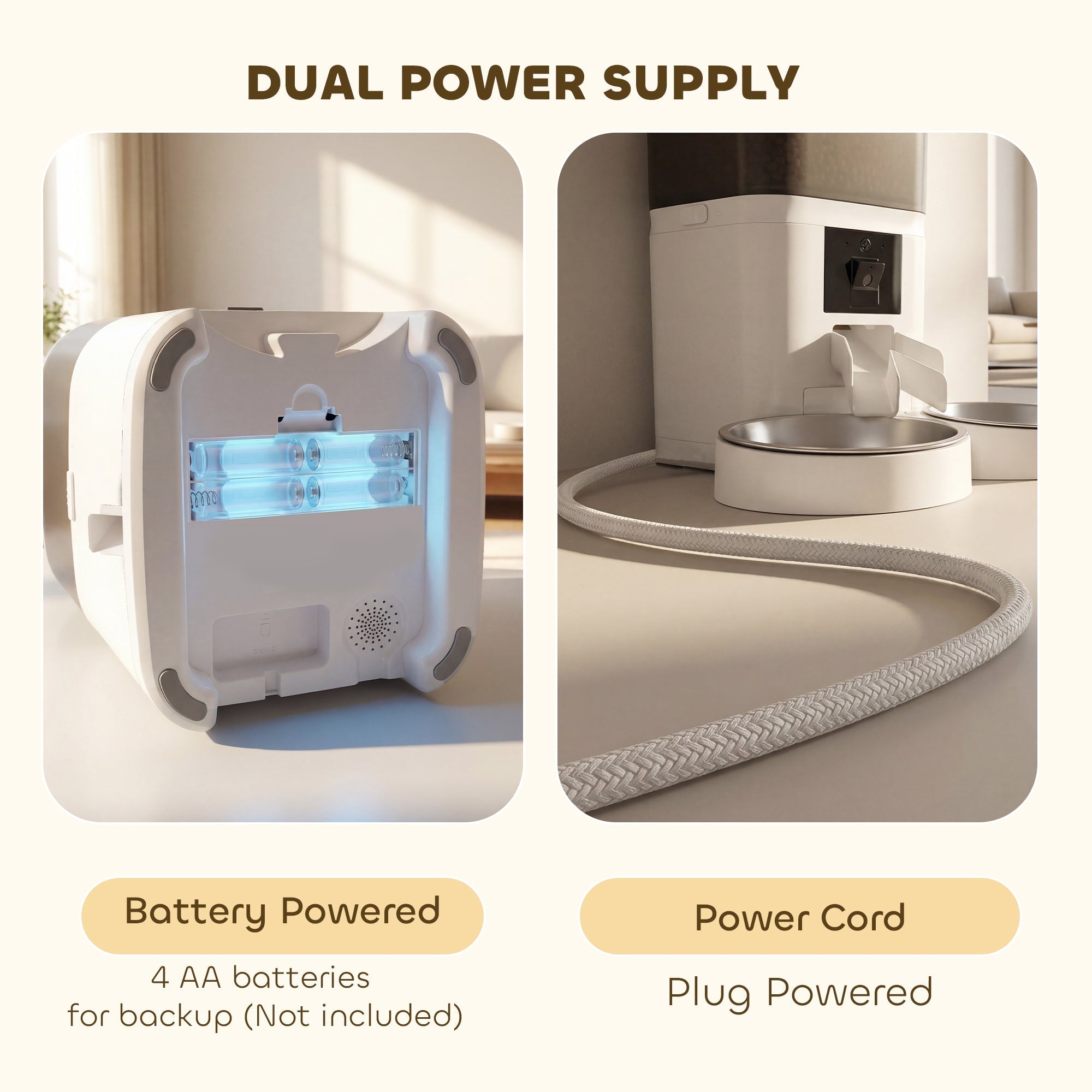 Back view of pawhut white automatic cat feeder with dual power supply and blue led light for 2 cats