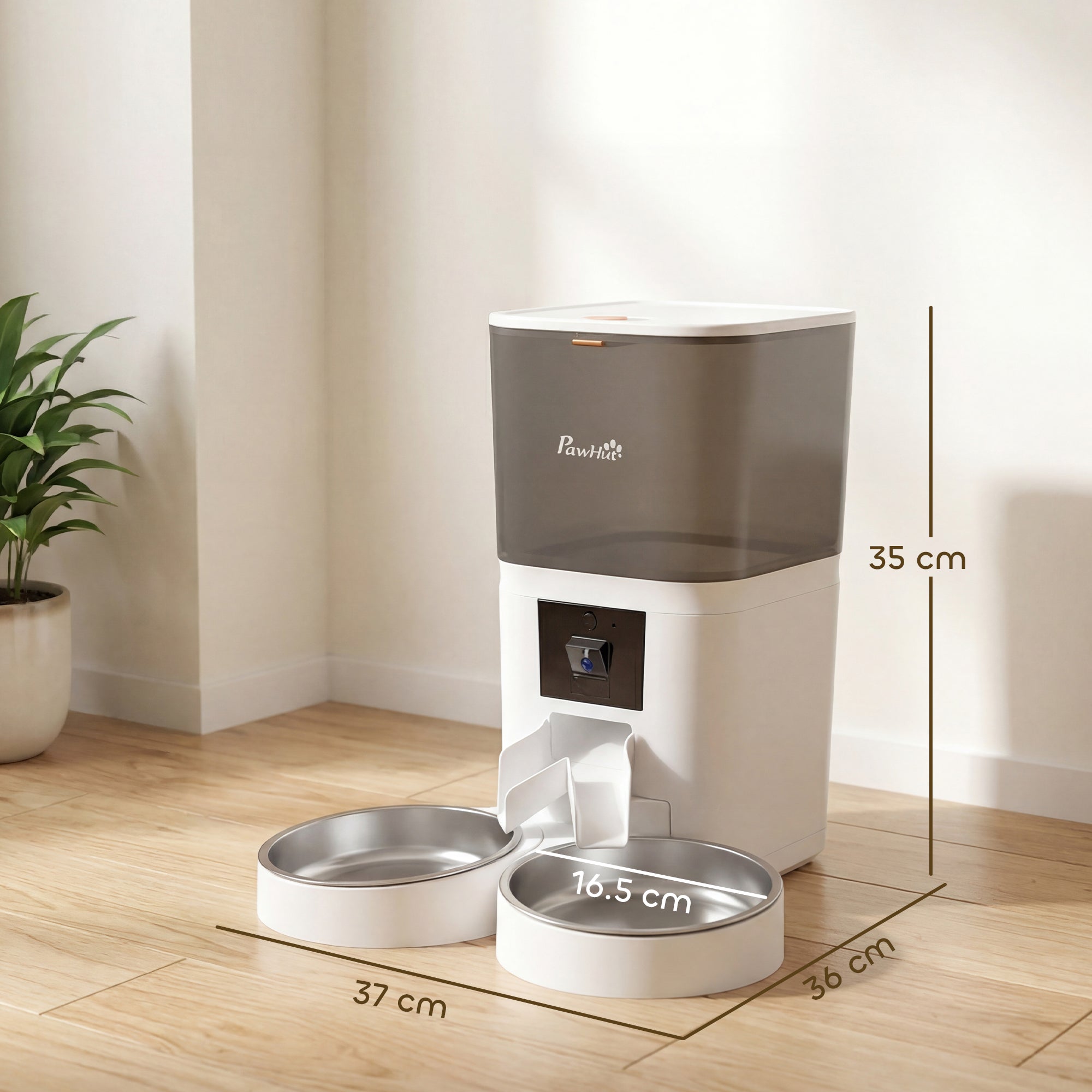 White and gray pawhut automatic cat feeder with hd camera and two stainless steel bowls for easy feeding
