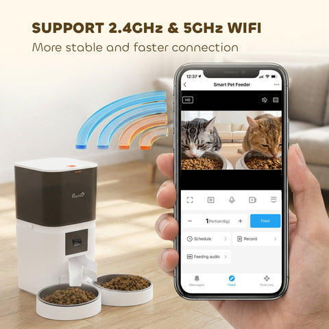 White and dark gray two-tiered pawhut automatic cat feeder with digital display and hd camera for 2 cats