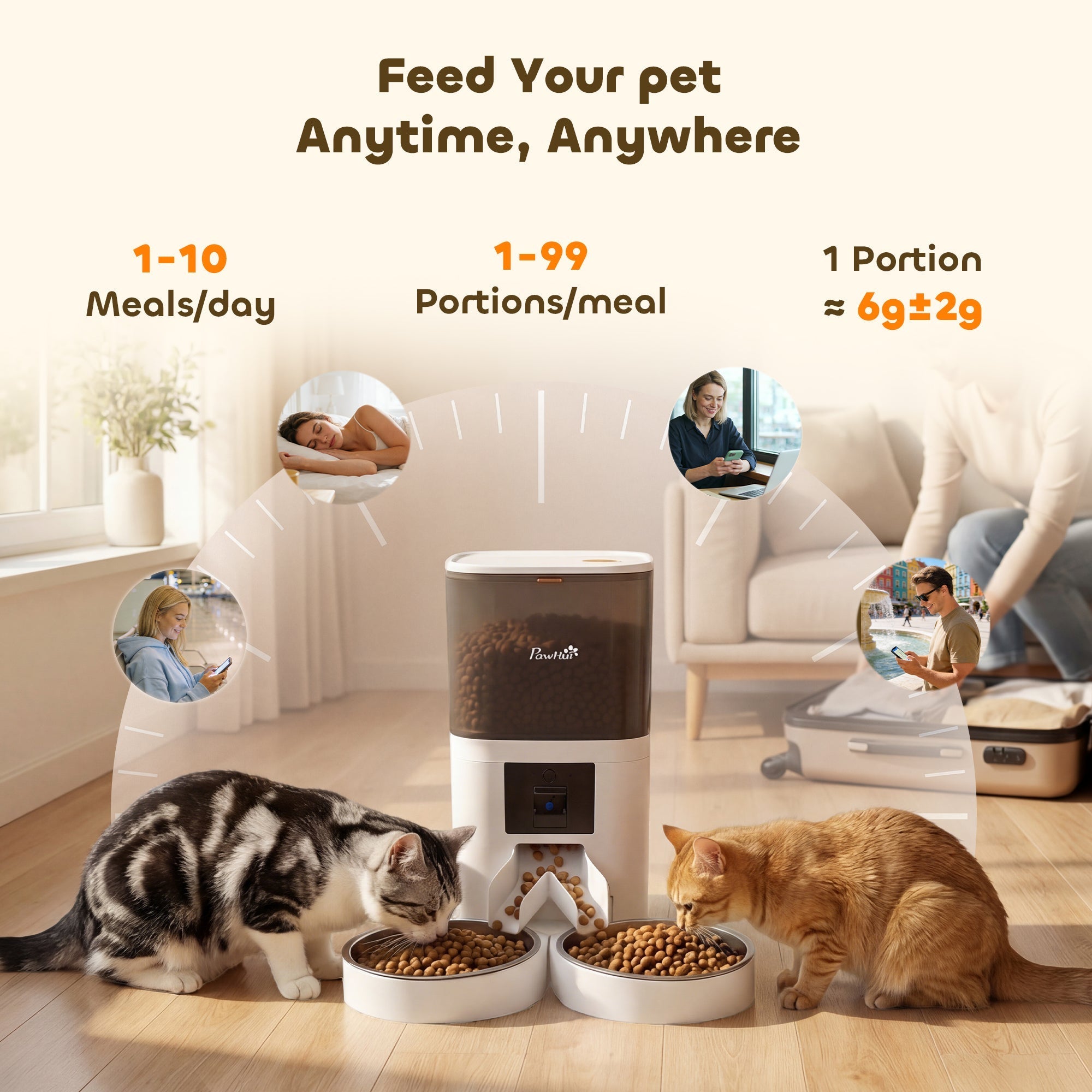 White and brown pawhut automatic cat feeder with dual bowls and hd camera for feeding 2 cats via app control