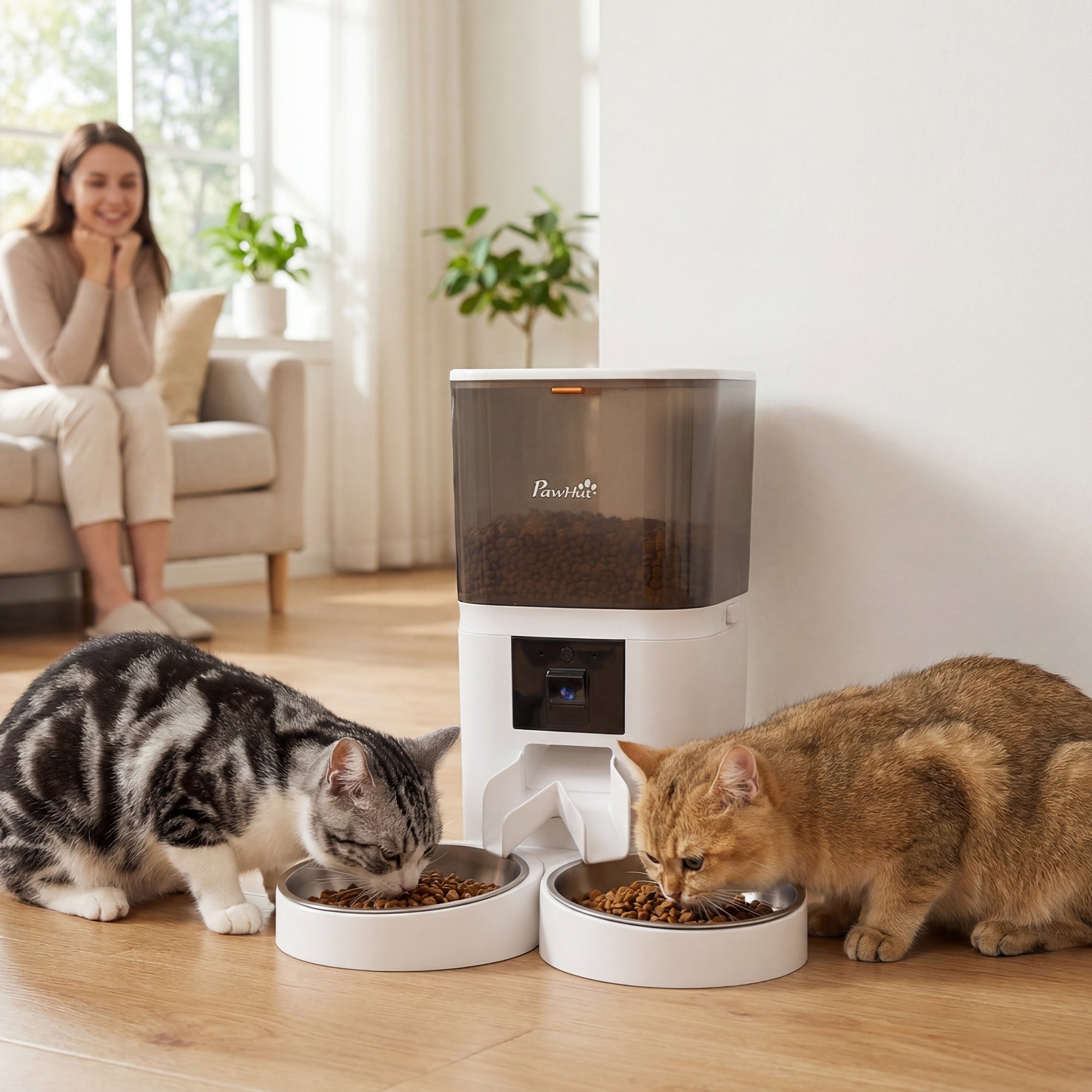 White and translucent gray pawhut automatic cat feeder with dual feeding stations and hd camera for 2 cats
