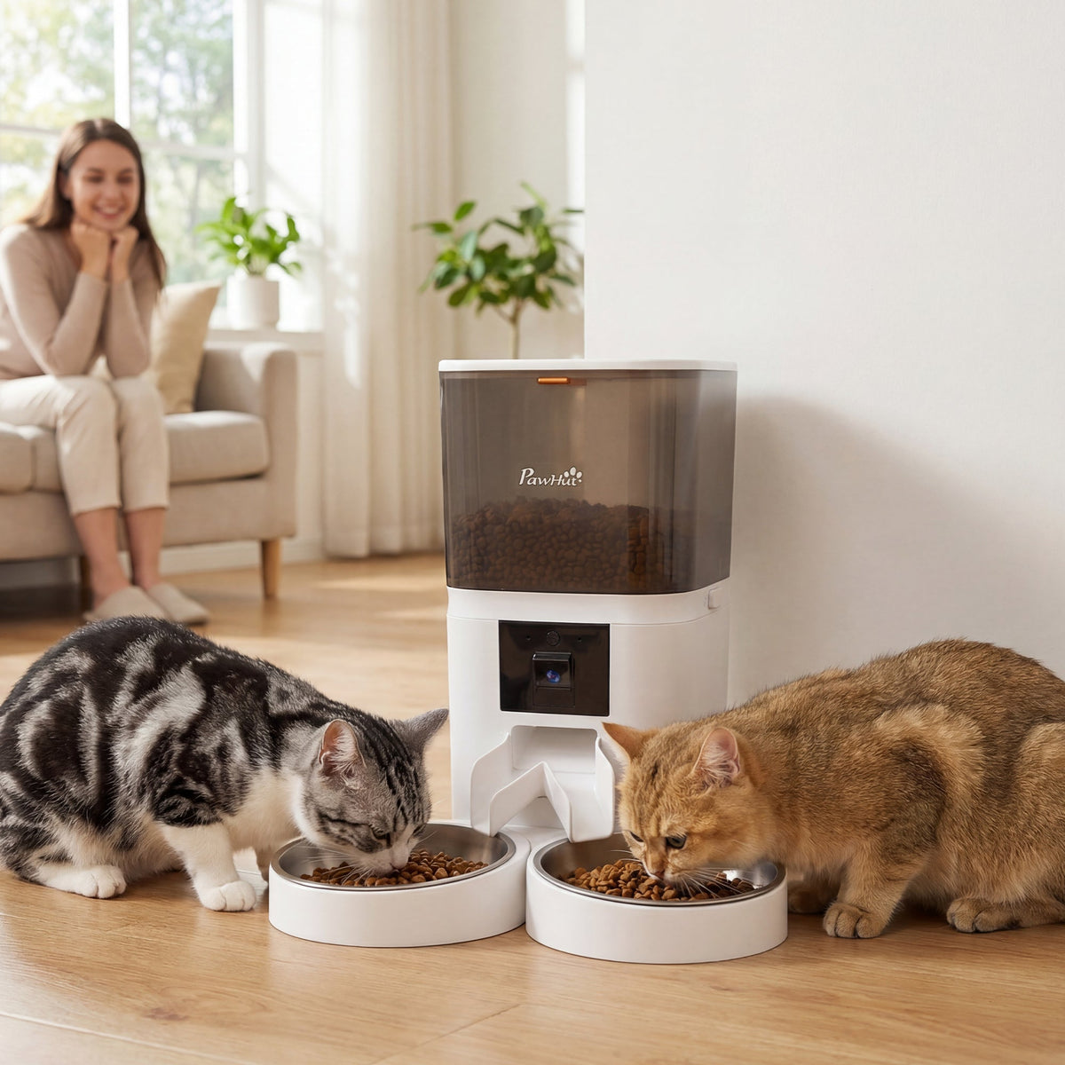 White and translucent gray pawhut automatic cat feeder with dual feeding stations and hd camera for 2 cats