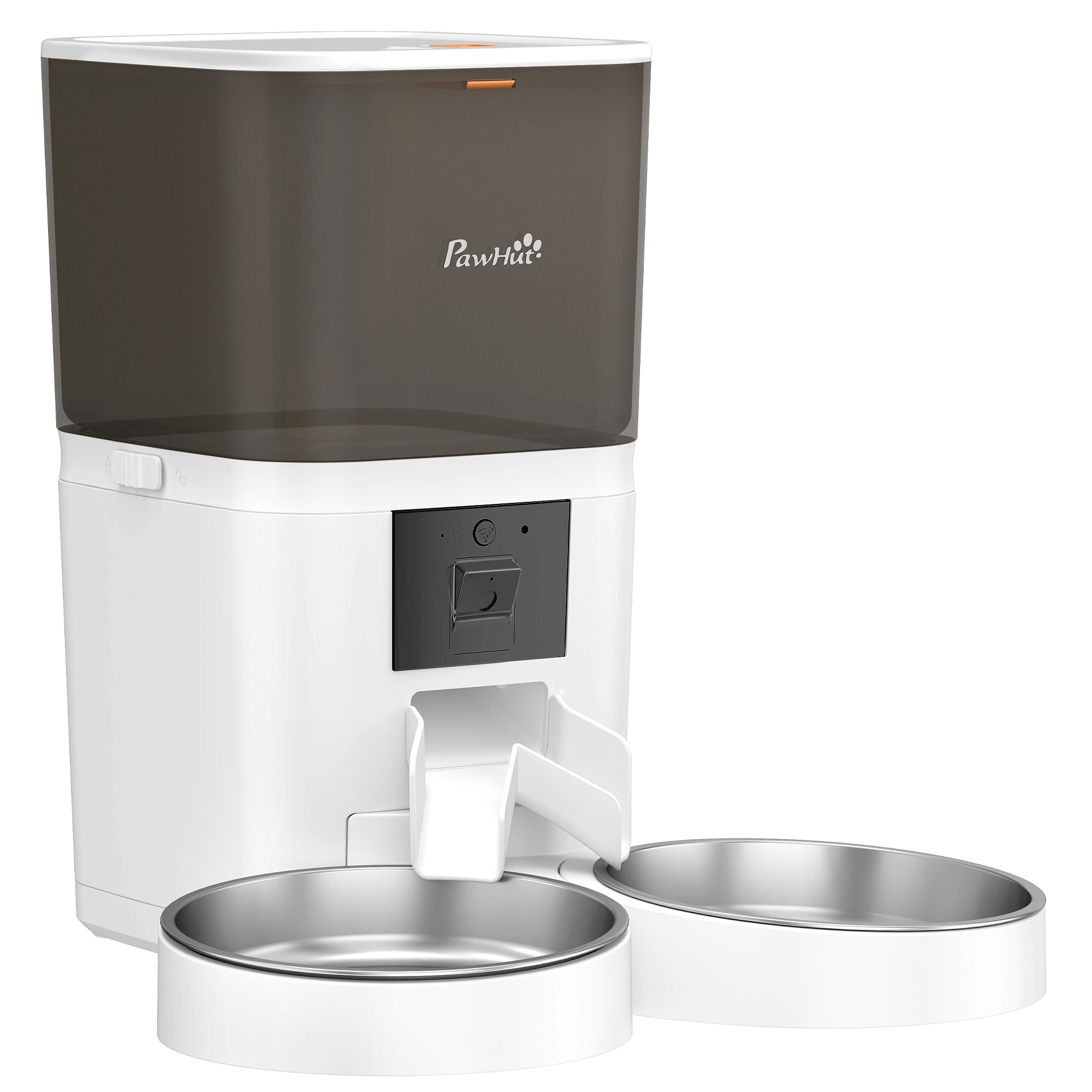 White and dark gray pawhut automatic cat feeder with stainless steel bowls and hd camera for 2 cats with wifi app control
