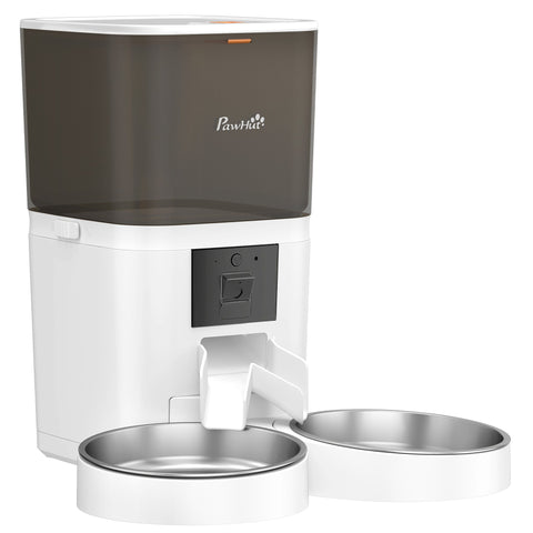 White and dark gray pawhut automatic cat feeder with stainless steel bowls and hd camera for 2 cats with wifi app control