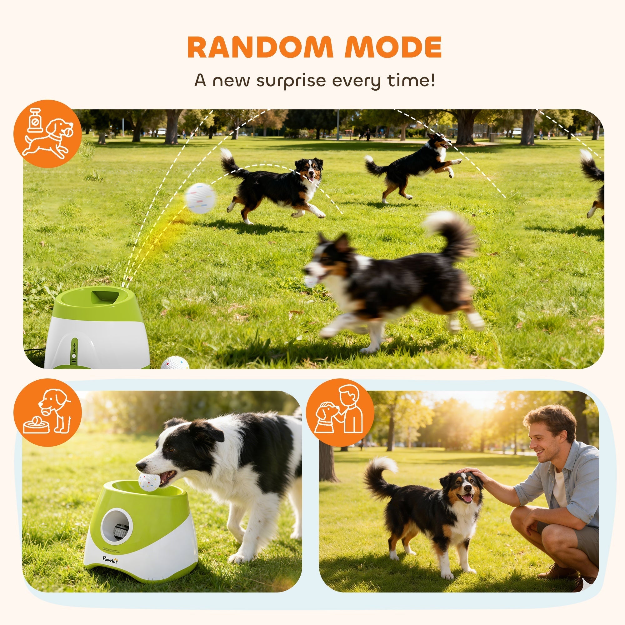 Green and white pawhut automatic dog ball launcher with 5 etpu balls and 3 distance settings for fetch fun