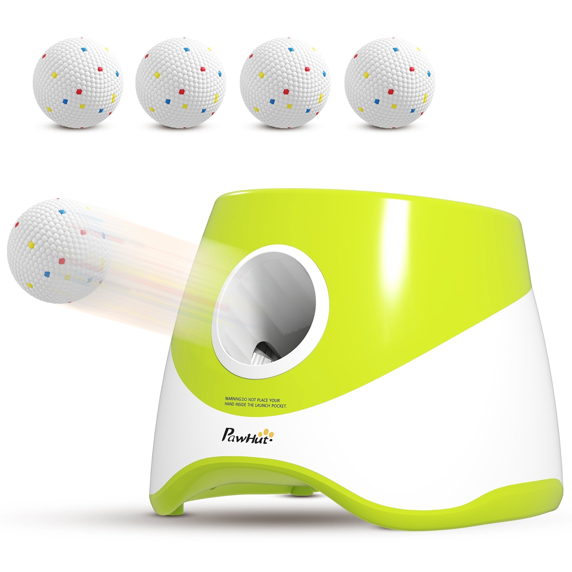 Pawhut automatic dog ball launcher in lime green and white launching a colorful etpu ball with adjustable distance settings