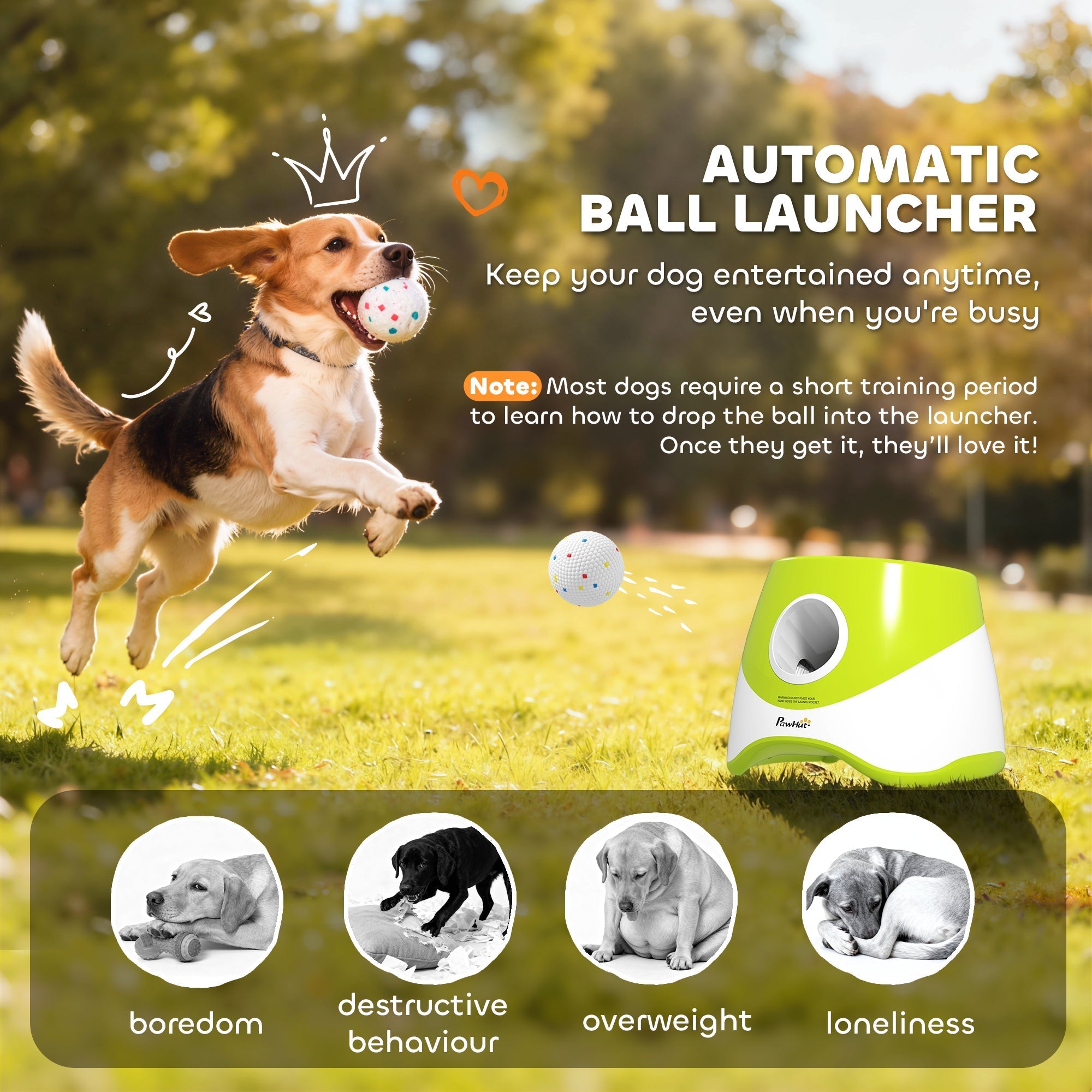 Green and white pawhut automatic dog ball launcher with 5 etpu balls and 3 distance settings for outdoor play