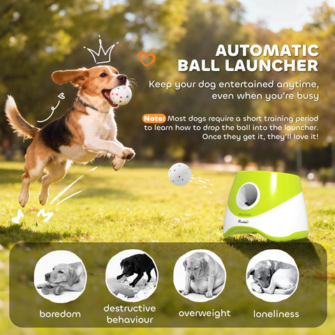 Green and white pawhut automatic dog ball launcher with 5 etpu balls and 3 distance settings for outdoor play
