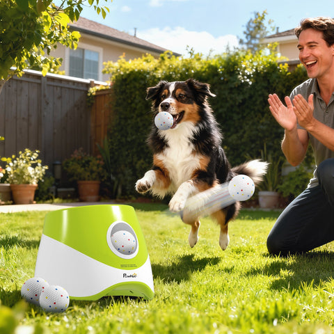 Bright green and white PawHut automatic dog ball launcher with circular opening and 5 etpu balls for fetch fun