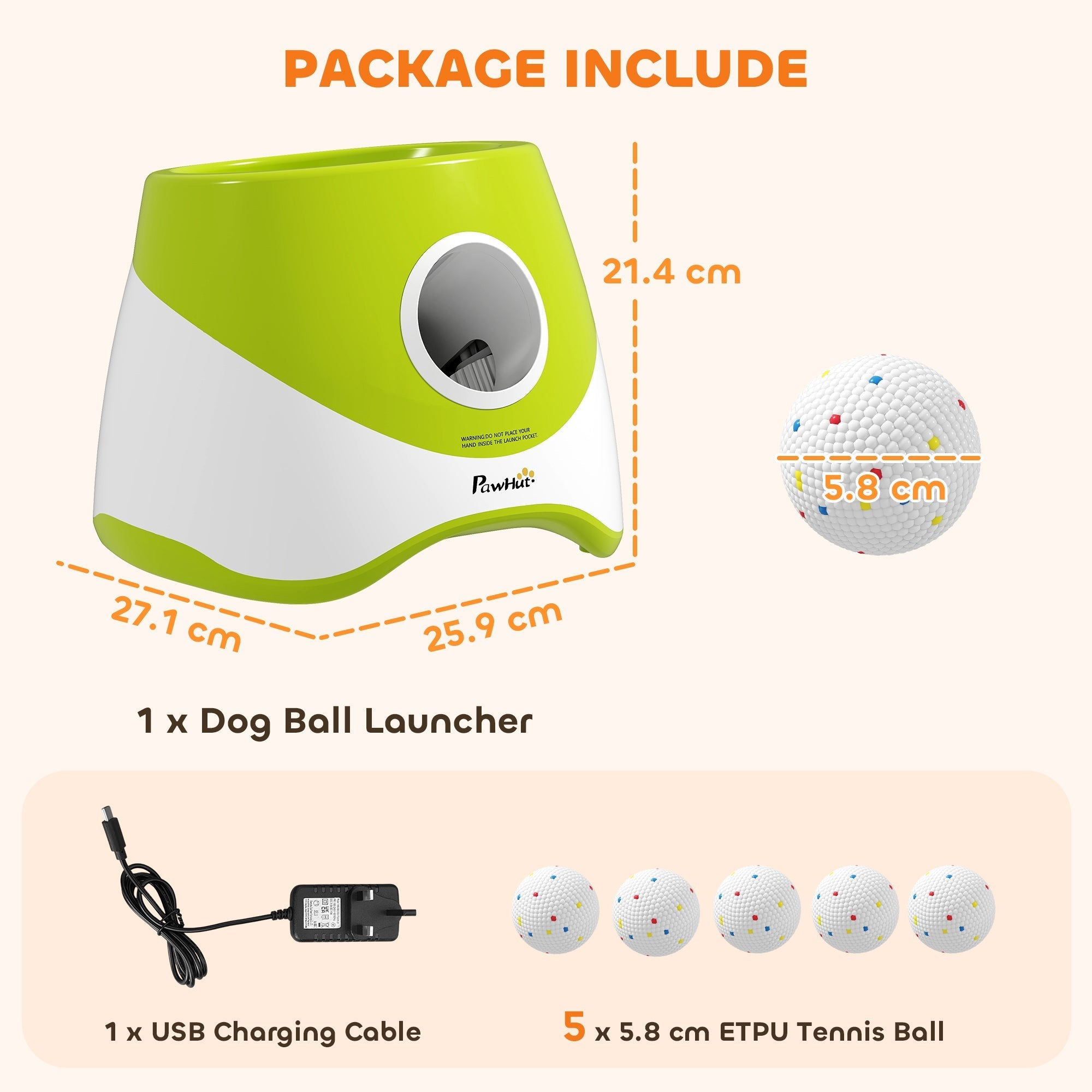 Pawhut automatic dog ball launcher in lime green and white plastic with circular opening and 5 etpu balls included