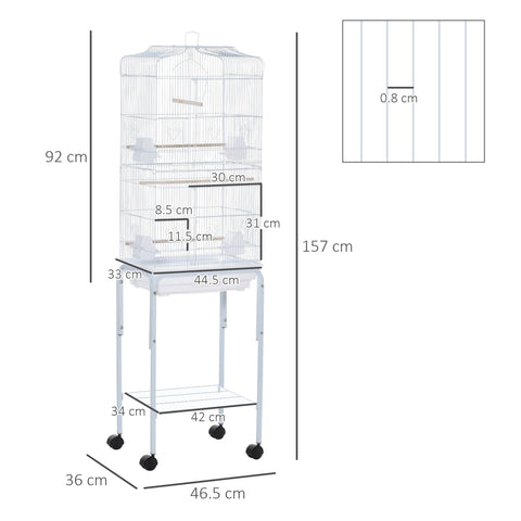 White powder-coated metal bird cage with stand four wheels and storage shelf for finch canary and parakeet