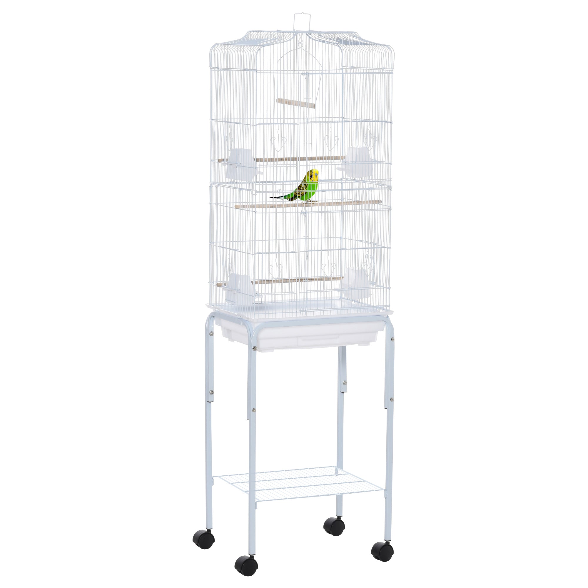 White powder-coated metal bird cage with green parakeet on stand with four wheels and slide-out tray storage shelf