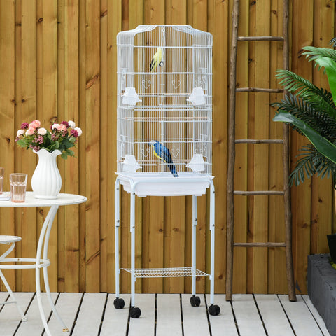 White powder-coated metal bird cage with four wheels heart-shaped perches and slide-out tray for finch canary parakeet