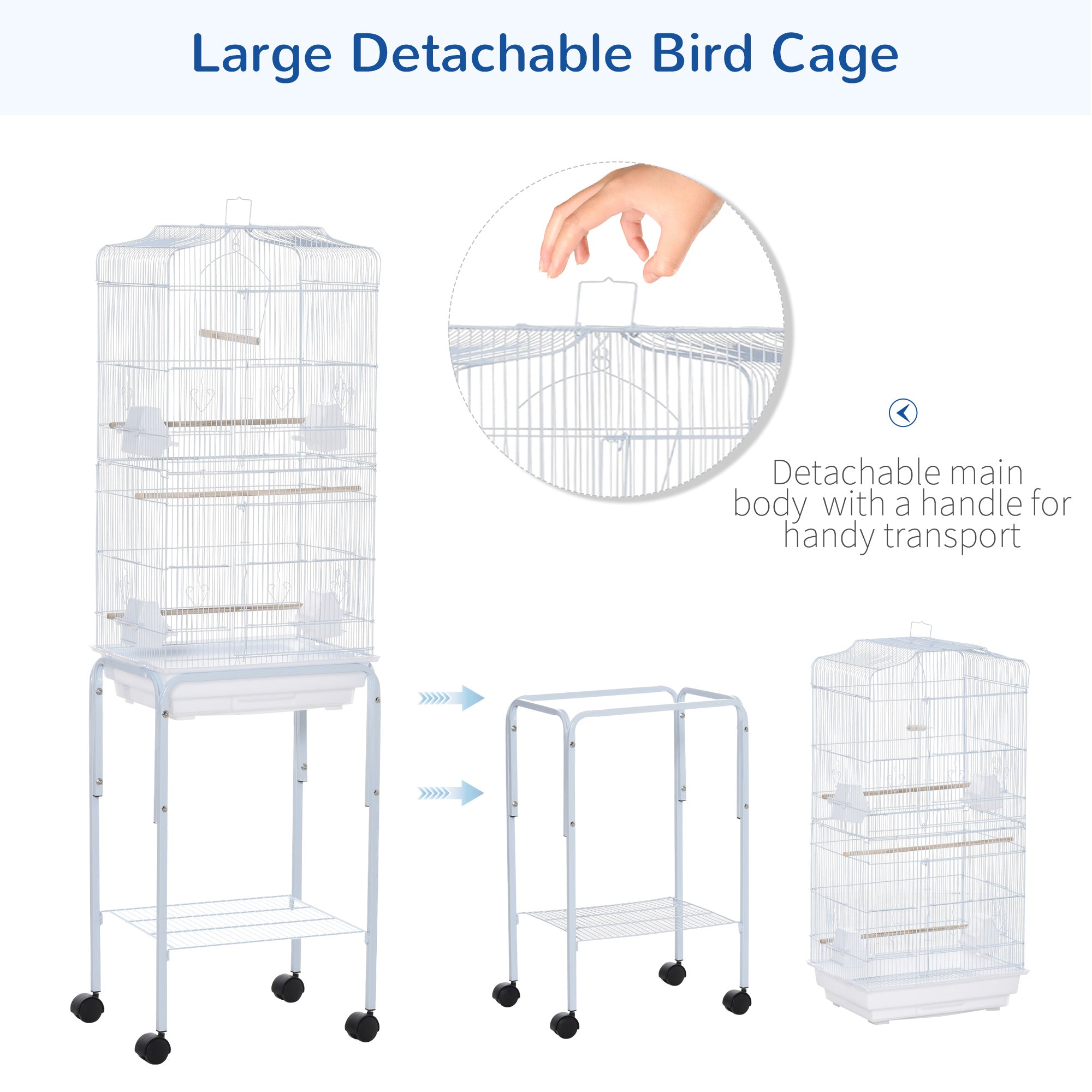 White powder-coated metal bird cage with detachable main body and four wheels for budgies and canaries