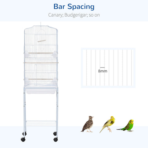 White powder-coated metal bird cage with adjustable 8mm bars for canaries budgerigars on four wheels with stand
