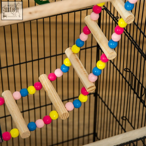 Colorful wooden bird ladder with pink blue and yellow beads for pawhut bird cage with hanging toys and water bowls
