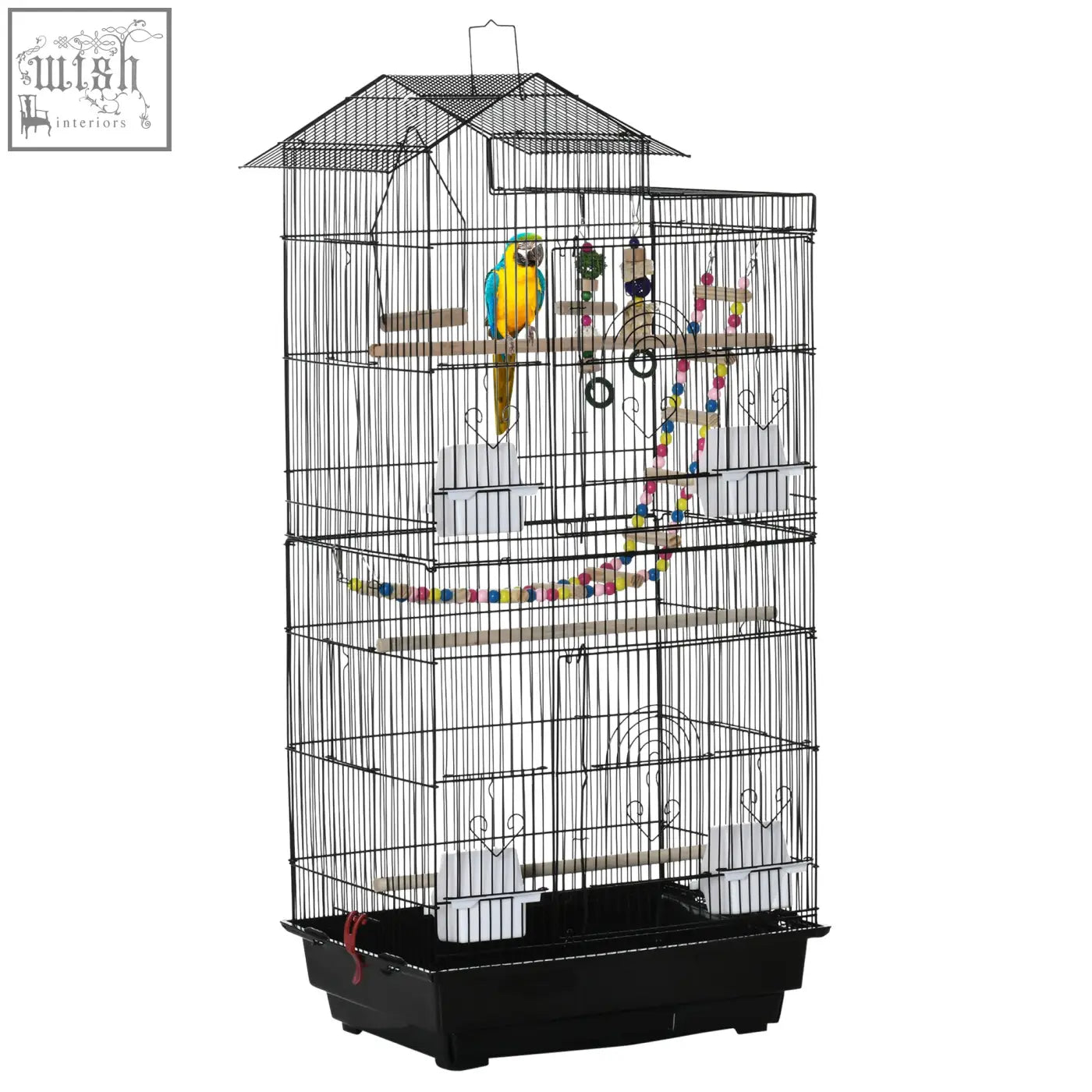 Black metal pawhut bird cage with house-shaped top, multiple perches, hanging toys, and water bowls inside
