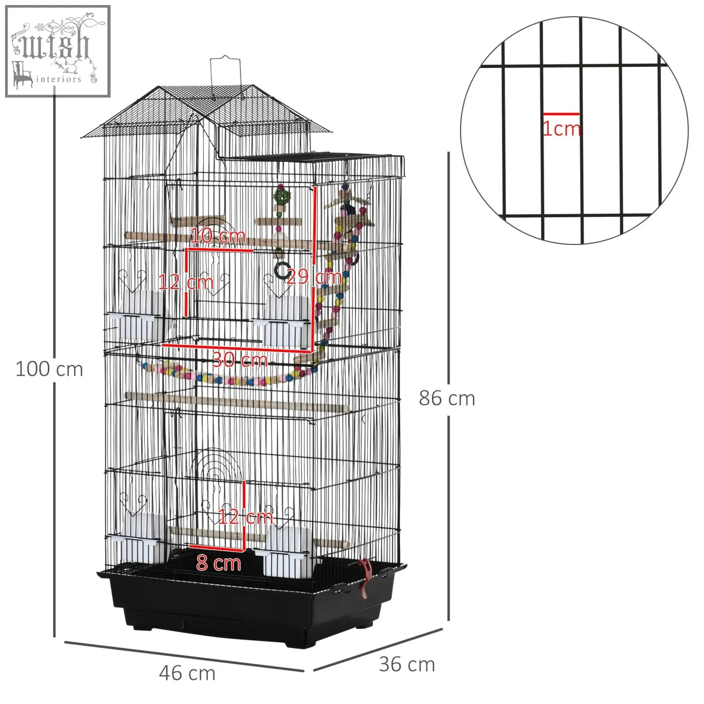 Black metal PawHut bird cage with roof, multiple perches, hanging toys, and water bowls for budgies and finches