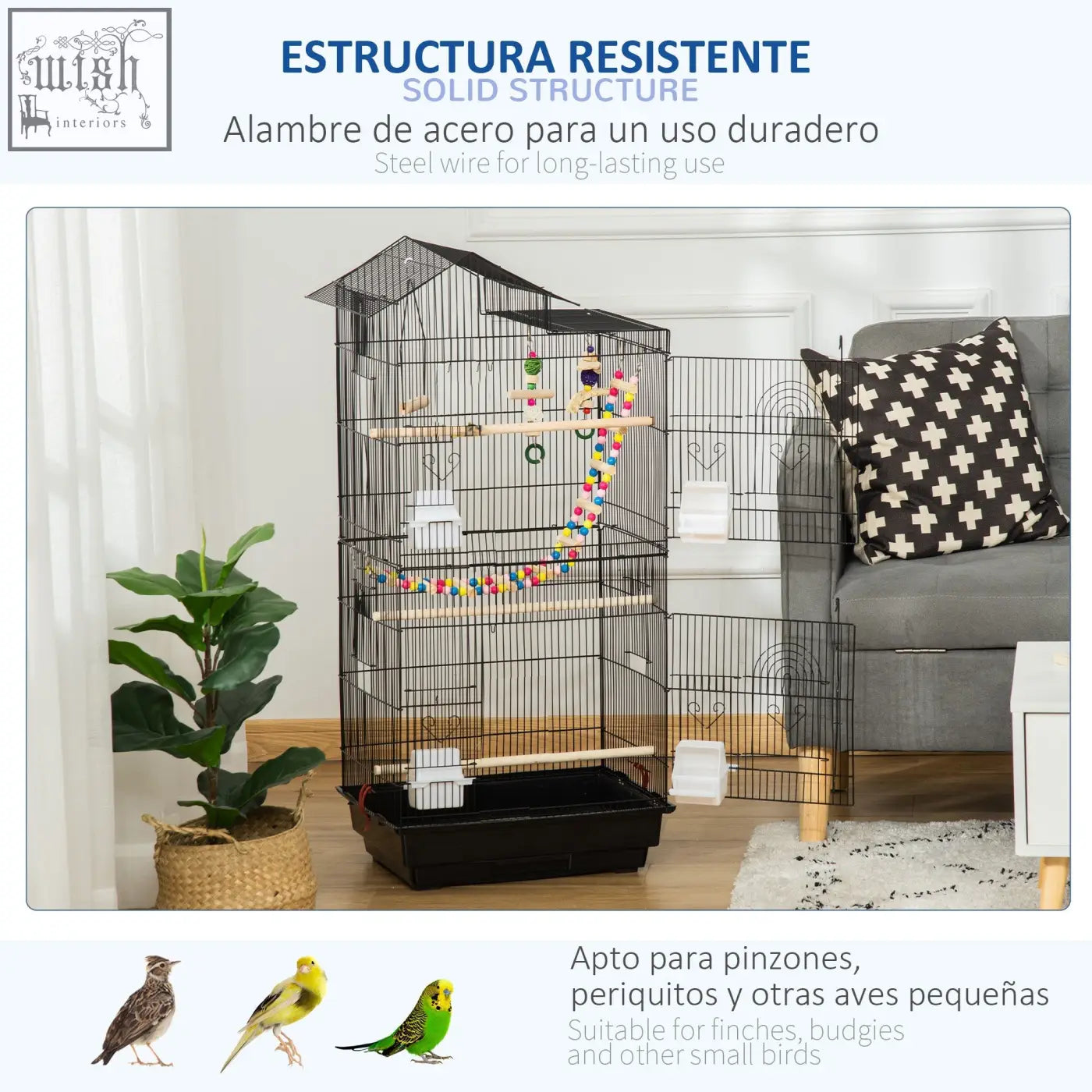 Black steel wire bird cage by pawhut with multiple levels wooden perches colorful toys water bowls and hanging toys
