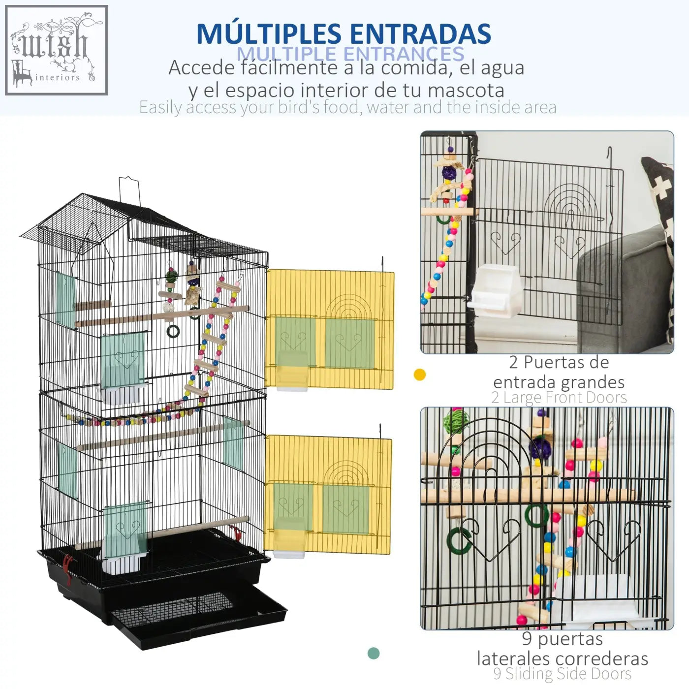 Black metal pawhut bird cage with multiple entrances colorful perches hanging toys and water bowls for small birds