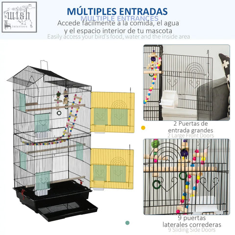 Black metal pawhut bird cage with multiple entrances colorful perches hanging toys and water bowls for small birds