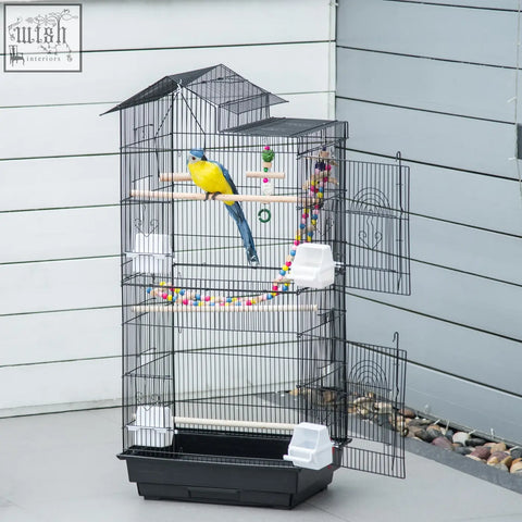 Black metal PawHut bird cage with colorful wooden perches white plastic accessories water bowls and hanging toys for budgies