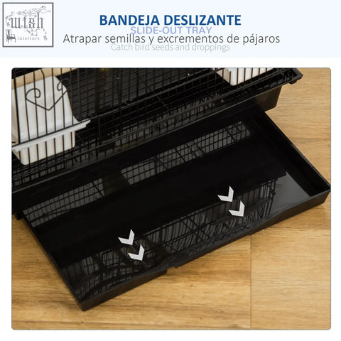 Black slide-out tray for pawhut bird cage designed to catch seeds and droppings with hanging toys and water bowls