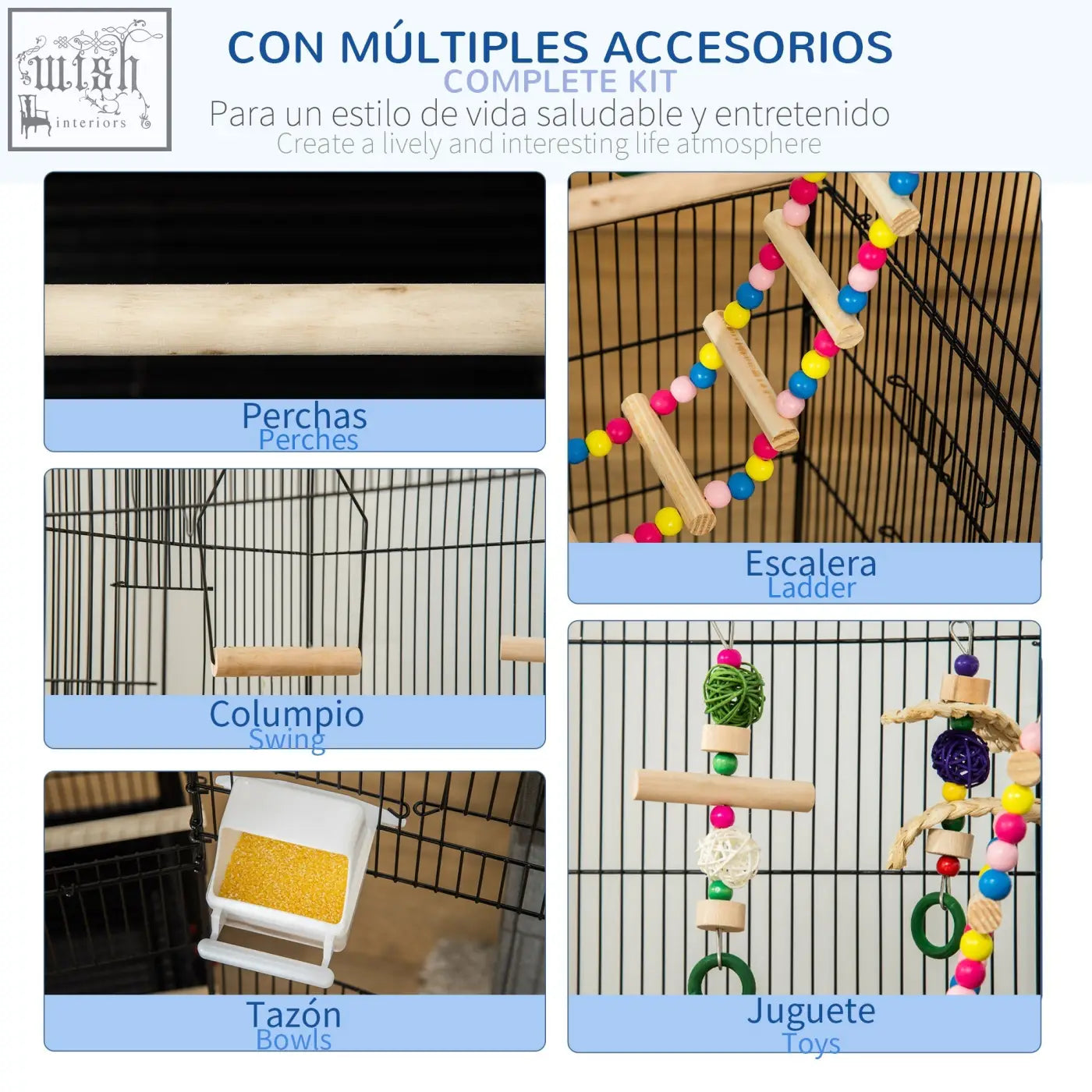 Wooden ladder with natural wood rungs and colorful plastic beads in pawhut bird cage with hanging toys and water bowls