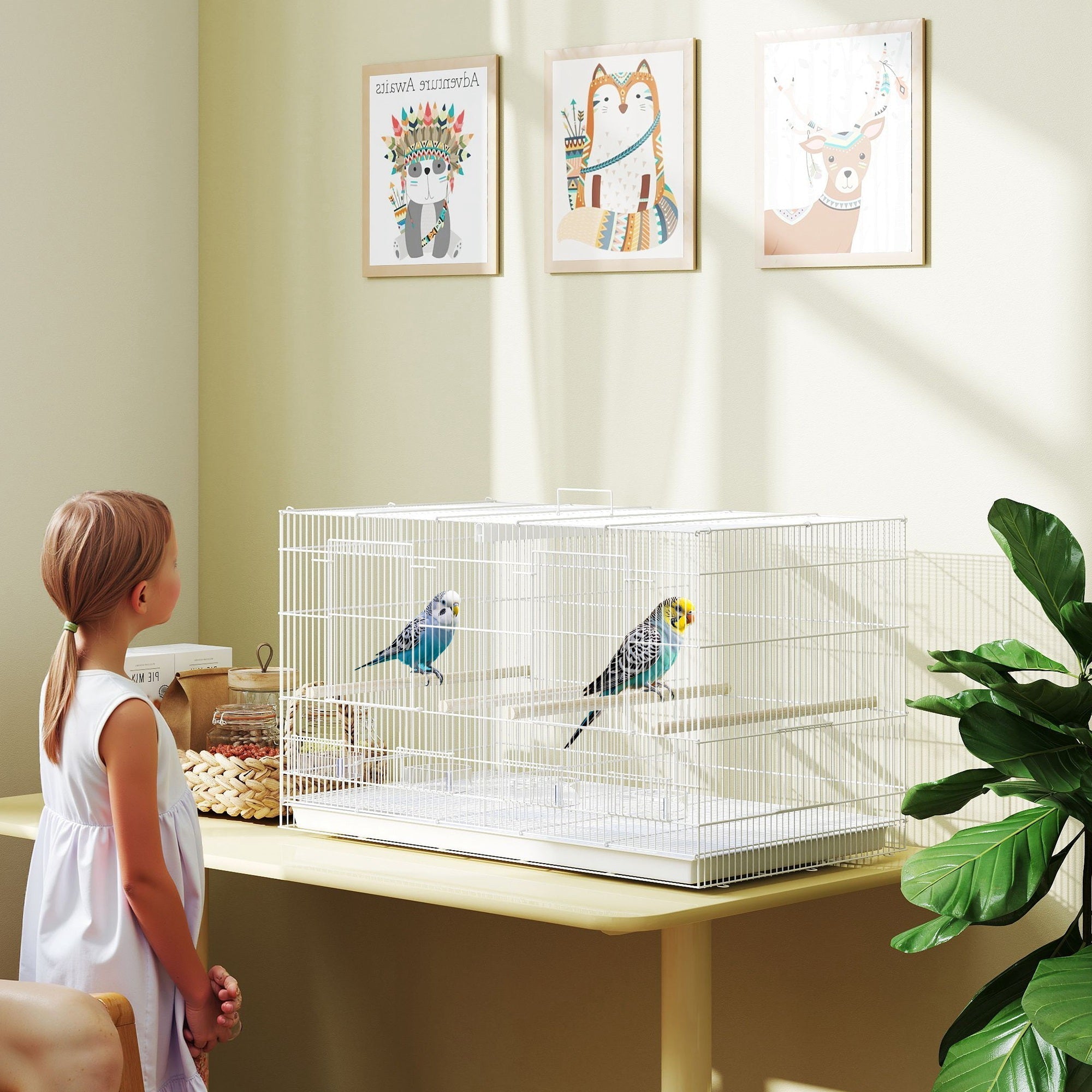 White metal pawhut bird cage with 2cm bar spacing, food dishes, and wooden perches for parakeets and budgies