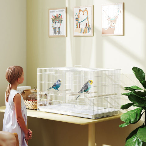 White metal pawhut bird cage with 2cm bar spacing, food dishes, and wooden perches for parakeets and budgies