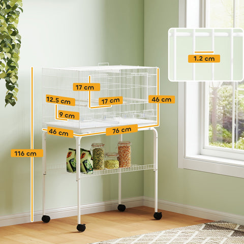 White metal pawhut bird cage on wheeled stand with divider, 76l x 46w, bar spacing, food dishes, and wooden perches