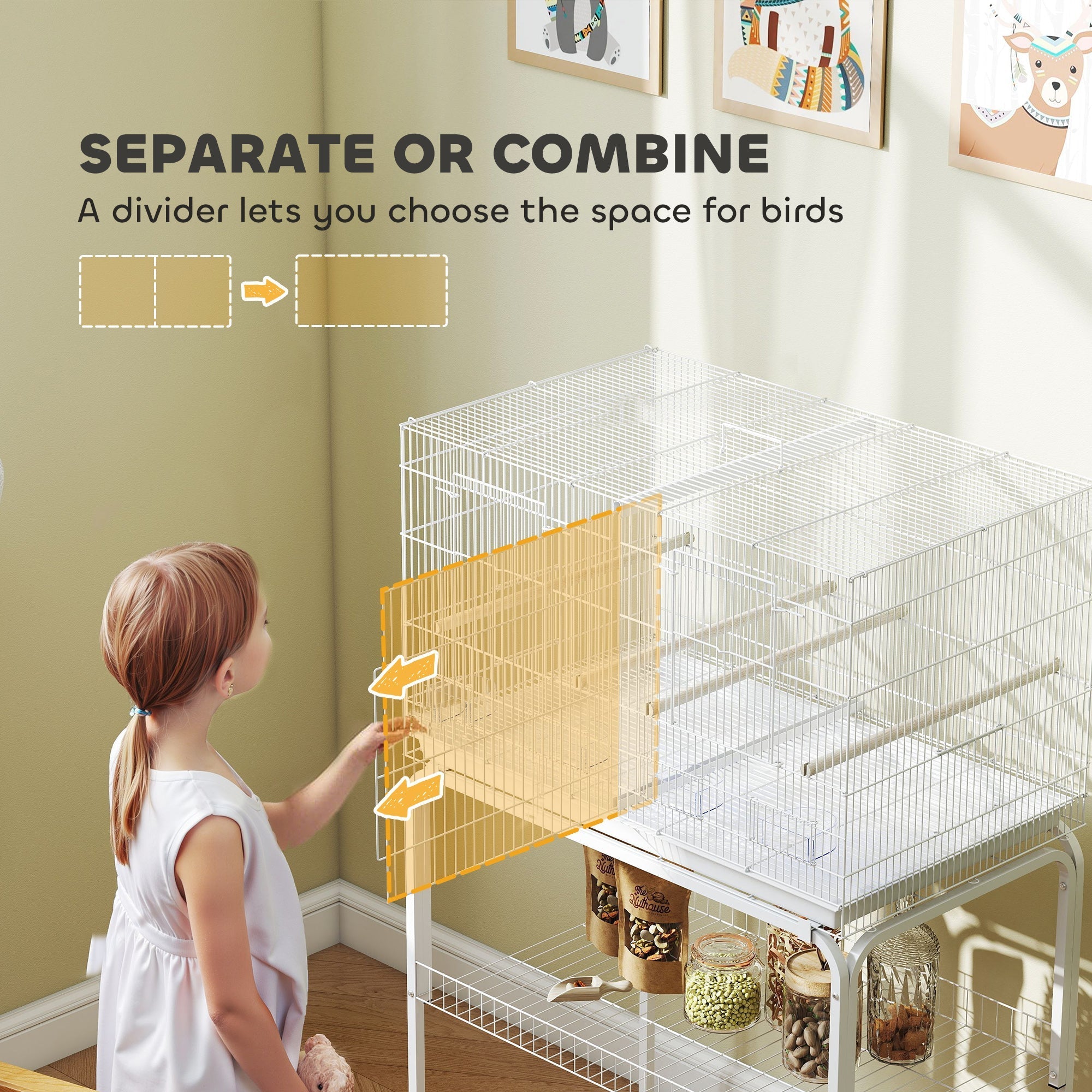 White metal pawhut bird cage with removable yellow divider panel 76l x 46w bar spacing and food dishes for budgie canary