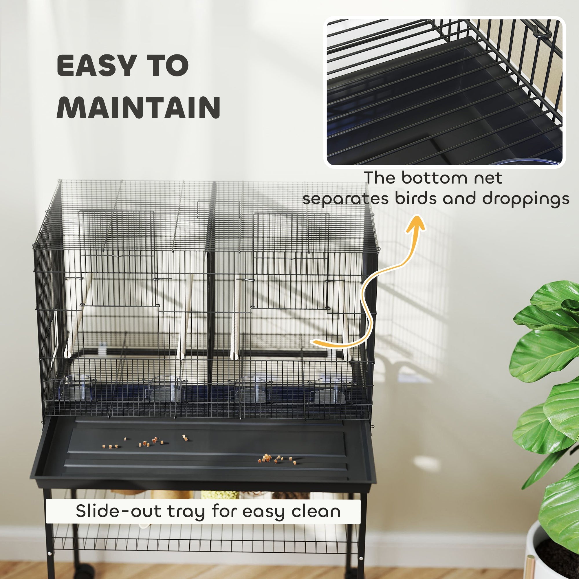 Black metal pawhut bird cage 76l x 46w with slide out tray bottom net bar spacing and food dishes for budgie and canary