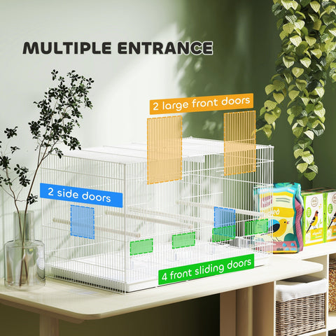 White pawhut bird cage with divider 2cm bar spacing multiple entrances and 4 food dishes for budgie or canary