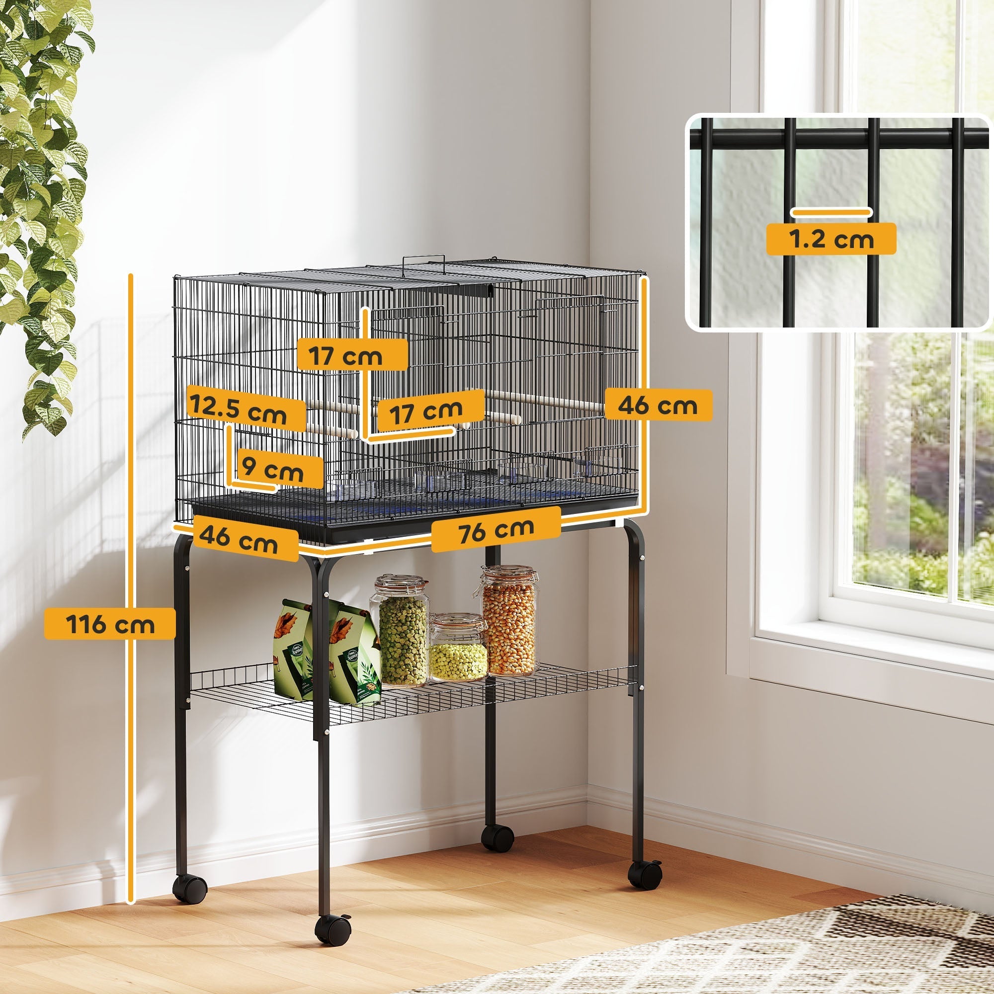 Black metal pawhut bird cage with divider, 4 feeders, slide out tray, 76l x 46w with bar spacing on wheels
